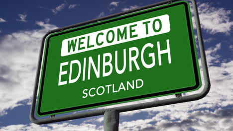 Welcome-to-Edinburgh,-Scotland,-UK-City-Road-Sign,-Realistic-3D-Animation