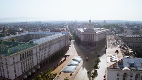 Establish-square-and-National-Assembly-of-Bulgaria-in-the-city-aerial,-morning