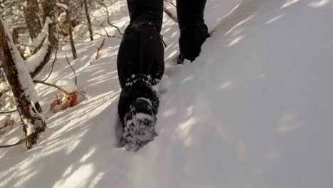 Woman-walks-along-snowy-forest-hillside,-crampons-on-boots,-close-up-of-feet