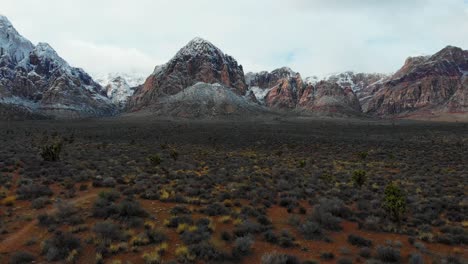 Aerial-drone-flight-along-a-hiking-trail-with-yucca-trees-and-snowcapped-mountains-in-the-background