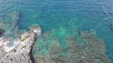 Vista-De-Drones,-Movimiento-De-Rotación-A-Baja-Altitud-Sobre-Las-Aguas-Azules-Y-Las-Rocas-De-Pointe-Au-Sel-En-Saint-leu,-Isla-De-La-Reunión