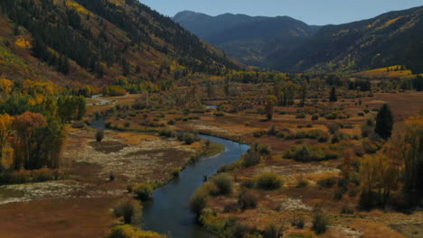 Roaring-Fork-River-Valley-North-Star-Nature-Preserve-Independence-Pass-Devils-punchbowl-Colorado-summer-fall-autumn-aerial-drone-cinematic-Aspen-Snowmass-Ashcroft-bluesky-backwards-upward-pan-motion