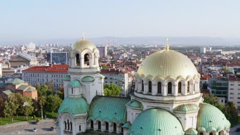 Telephoto-aerial-orbit-around-Alexander-Nevsky-Cathedral-in-Sofia,-Bulgaria