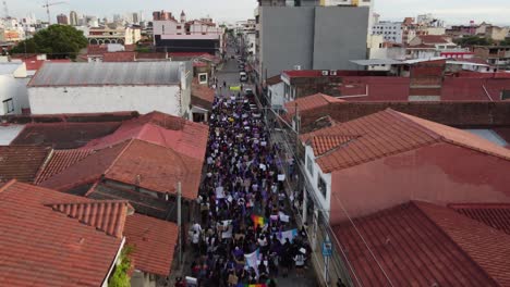 Flyover-of-marchers-on-Women's-Day-in-Santa-Cruz-de-la-Sierra,-Bolivia