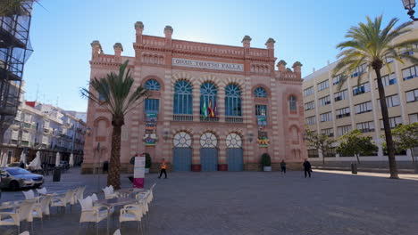 facade-of-Gran-Teatro-Falla,-an-architectural-landmark-in-Cádiz,-Spain