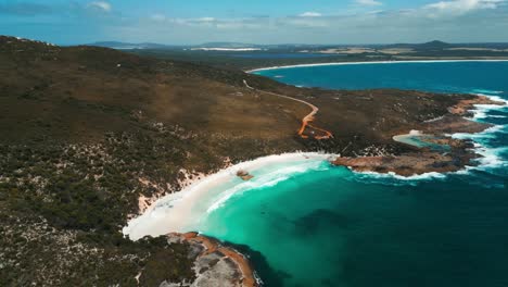 aerial-of-Little-Beach-in-Two-People-bay,-near-the-town-of-Albany-in-Western-Australia-on-a-suny-day-with-few-clouds-in-the-sky