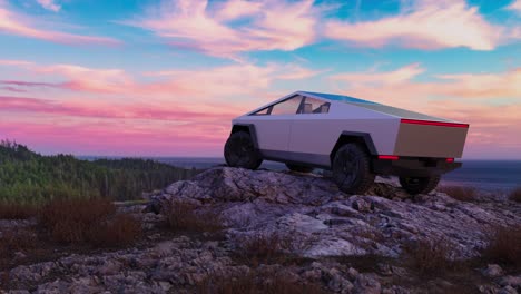 Tesla-Cybertruck-on-a-Rocky-Mountain-by-the-Ocean-Shore