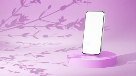 Product-display-animation-of-modern-smartphone-new-model-with-white-blank-screen-on-a-wall-with-tree-flowers-leaf-shadow