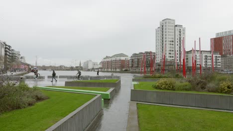 Panoramic-View-Of-Grand-Canal-Dock-From-Grand-Canal-Square-In-Dublin-Docklands,-Ireland