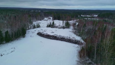 Aerial-View-Of-Snowy-And-Frozen-River-By-The-Forest-At-Winter