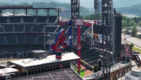 Detailed-shot-of-sports-team-logo-and-tribunes-on-baseball-stadium