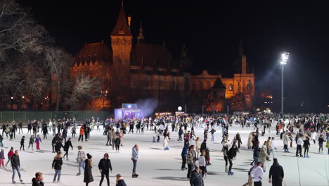 Varosligeti-Mujegpalya-Con-El-Castillo-Vajdahunyad-Al-Fondo-Por-La-Noche-En-Budapest