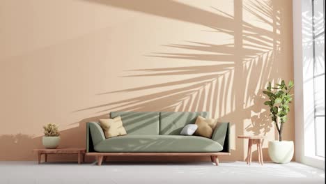 Modern-house-smart-home-animation-of-living-room-with-giant-tree-leaf-shadow-in-wall-as-background