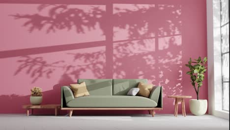 Modernes-Wohnzimmer-In-Einer-Wohnung-Mit-Couch-Und-Schatten-Von-Baumblättern,-Die-Sich-Durch-Eine-Sanfte-Sommerbrise-Auf-Der-Grünen-Wand-Bewegen,-Rendering-Animationsarchitektur-Innendesignkonzept