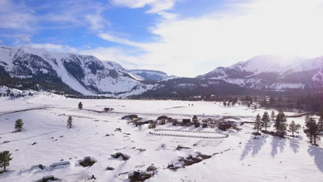 Mammoth-Lakes-Sierra-Mountains-California-aerial-cinematic-drone-flight-winter-spring-sunny-beautiful-snow-covered-town-June-Lake-Crowley-Bishop-The-Station-skatepark-forward-movement