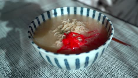 Close-up-Japanese-instant-Tonkotsu-ramen-with-pickled-ginger-at-noon