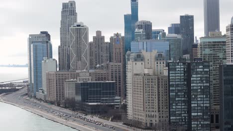 Aerial-approaching-view-of-high-modern-buildings-in-Streeterville-in-Chicago