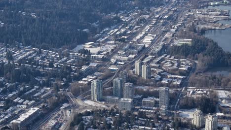 St-Johns-Street-and-Buildings-on-a-Winter-Day,-Port-Moody,-BC-AERIAL