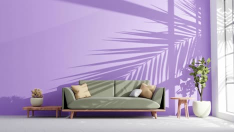 Modernes-Wohnzimmer-In-Einer-Wohnung-Mit-Couch-Und-Schatten-Von-Baumblättern,-Die-Sich-Durch-Eine-Sanfte-Sommerbrise-An-Der-Violetten-Wand-Bewegen-Und-Eine-Animation-Mit-Warmem-Licht-Erzeugen