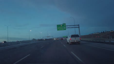 Highway-car-view-at-evening-in-Calgary,-Alberta,-Canada
