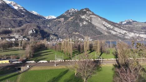 Walensee-Aerial,-Weesen-Amden-Rail-and-Road.-Switzerland