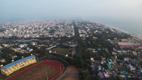 Aerial-footage-of-enitre-Pondicherry-formerly-known-as-Pondicherry,-gained-its-significance-as-"The-French-Riviera-of-the-East"-one-of-the-oldest-French-colonies