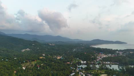 Tropical-Thailand-island-with-resort,-aerial-drone-view