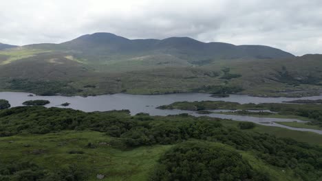 Lush-greenery-of-Ireland's-Ladies-View-overlooking-serene-lakes-and-rolling-hills,-under-a-cloudy-sky,-aerial-shot