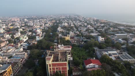 An-aerial-video-of-one-of-the-oldest-French-colonies,-Beach-of-Pondycherry