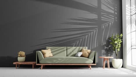 Modernes-Wohnzimmer-In-Einer-Wohnung-Mit-Couch-Und-Schatten-Von-Baumblättern,-Die-Sich-Durch-Eine-Sanfte-Sommerbrise-An-Der-Wand-Bewegen,-Rendering-Animationsarchitektur-Innendesign-Konzept