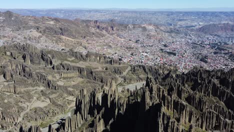 Unique-rock-spire-geology-of-eroded-rock-spires-near-La-Paz,-Bolivia
