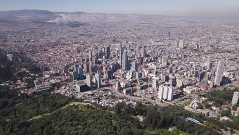 Panorama-Drohnenaufnahme-Von-Wolkenkratzern-In-Der-Innenstadt-Von-Bogota,-Sonniger-Tag-In-Kolumbien