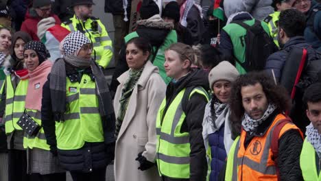 Menschen-In-Warnwesten-Halten-Sich-An-Der-Front-Des-Palästina-Protestes-An-Den-Händen