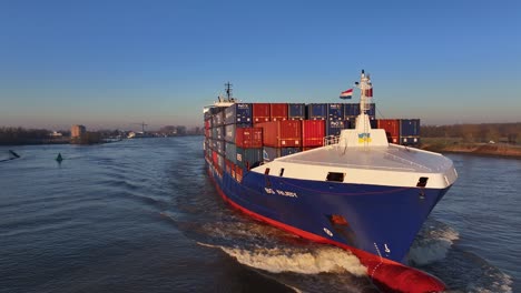 Close-up-panning-view-arround-the-bow-of-a-large-container-vessel-BG-Onyx-at-sunrise