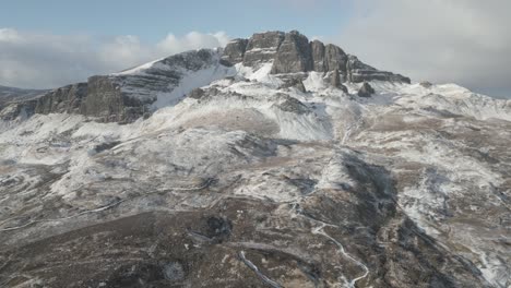 Snow-dusted-Old-Man-of-Storr-rock-formations-under-a-cloudy-sky,-Isle-of-Skye,-Scotland,-aerial-view