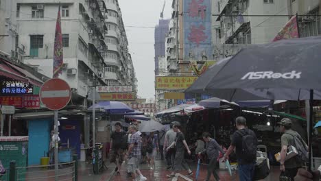 Mong-Kok-area-of-Hong-Kong-street-market-filled-with-vendors-and-pedestrians-with-umbrellas-during-a-rainy-day---Slow-Motion