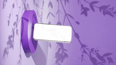 Vertical-of-Product-display-animation-of-modern-smartphone-new-model-with-white-blank-screen-on-a-wall-with-tree-flowers-leaf-shadow-purple-background