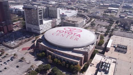 Aerial-View-of-Toyota-Center-Arena,-Downtown-Houston-TX,-Home-of-Houston-Rockets-NBA-Team