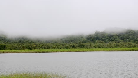 Fog-and-clouds-above-tropical-forest-by-the-lake,-establishing-shot