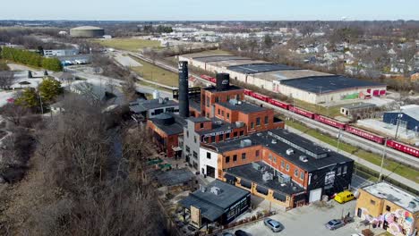 Drone-shot-of-the-Pepper-Distillery-District-in-Lexington,-Kentucky