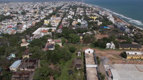 An-aerial-video-displays-the-former-French-colony-of-Puducherry,-India's-Union-Territory,-in-the-centre