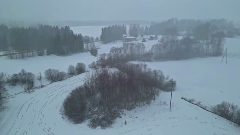 Ländliches-Ackerland-Mit-Schnee-Bedeckt,-Wobei-Aktiv-Schnee-Fällt