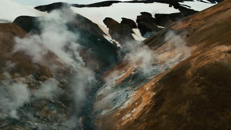 Aerial-drone-tilt-shot-of-a-series-of-steaming-geysers-and-hot-springs-amid-snow-capped-mountains-and-hills