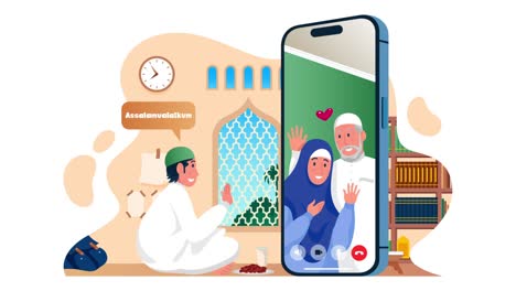 Video-calling-for-Ramadan-Eid-tradition-celebration-with-distant-family-members-4k-2d-flat-animation