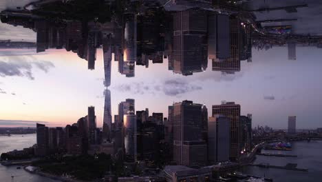 Doppelspiegeleffekt,-Dramatische-Reflexion-Der-Metropole-Bei-Sonnenuntergang---CGI-Rendering