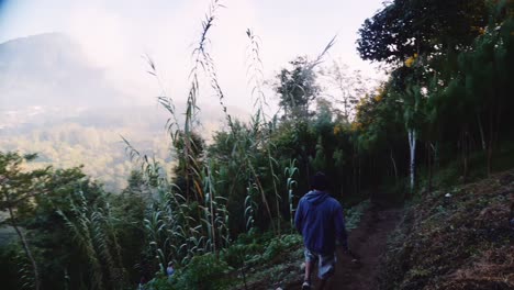 Man-walking-on-path-through-mountainside-farm-in-Guatemala