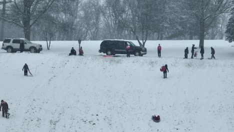 People-and-cars-on-a-snowy-slope-with-trees,-sledding-in-a-park