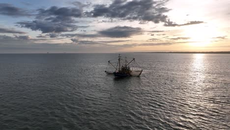 Schwenk-Drohnenaufnahme-Eines-Fischerboots,-Das-Still-Mit-Den-Netzen-Im-Wasser-Der-Küste-Von-Ameland-Liegt,-Und-Vögel,-Die-Das-Boot-Umkreisen-Und-Nach-Einer-Mahlzeit-Suchen