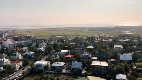 Aerial-panoramic-view-of-Reykjavik-suburbs-on-sunny-evening-or-morning