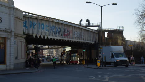 The-Bustling-Street-Close-to-London-Bridge-in-the-Southbank-Area-of-London,-England,-United-Kingdom---Wide-Shot